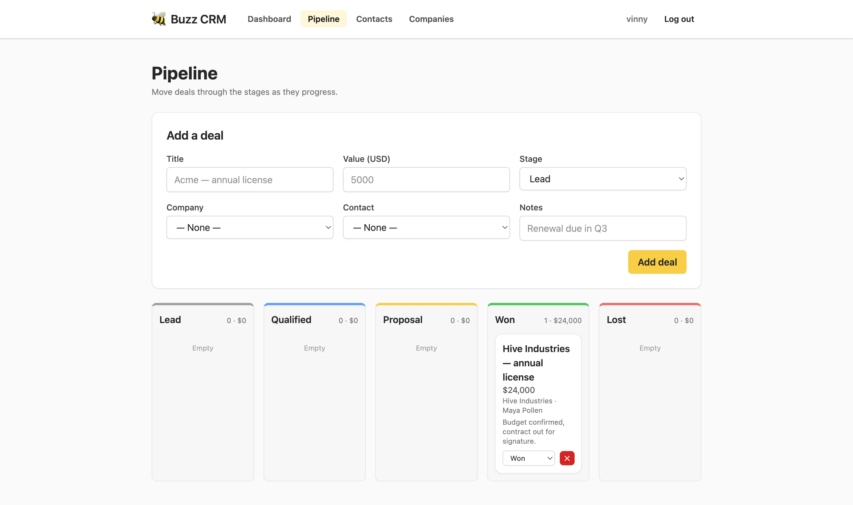 The CRM's deals pipeline view